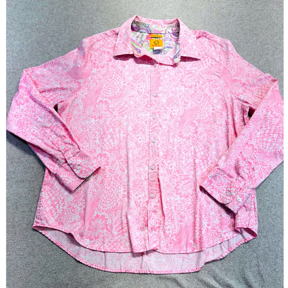 Ruby Rd Button Down Womens 16P Pink Tropical Paisley Parrot Cotton Shirt Boho